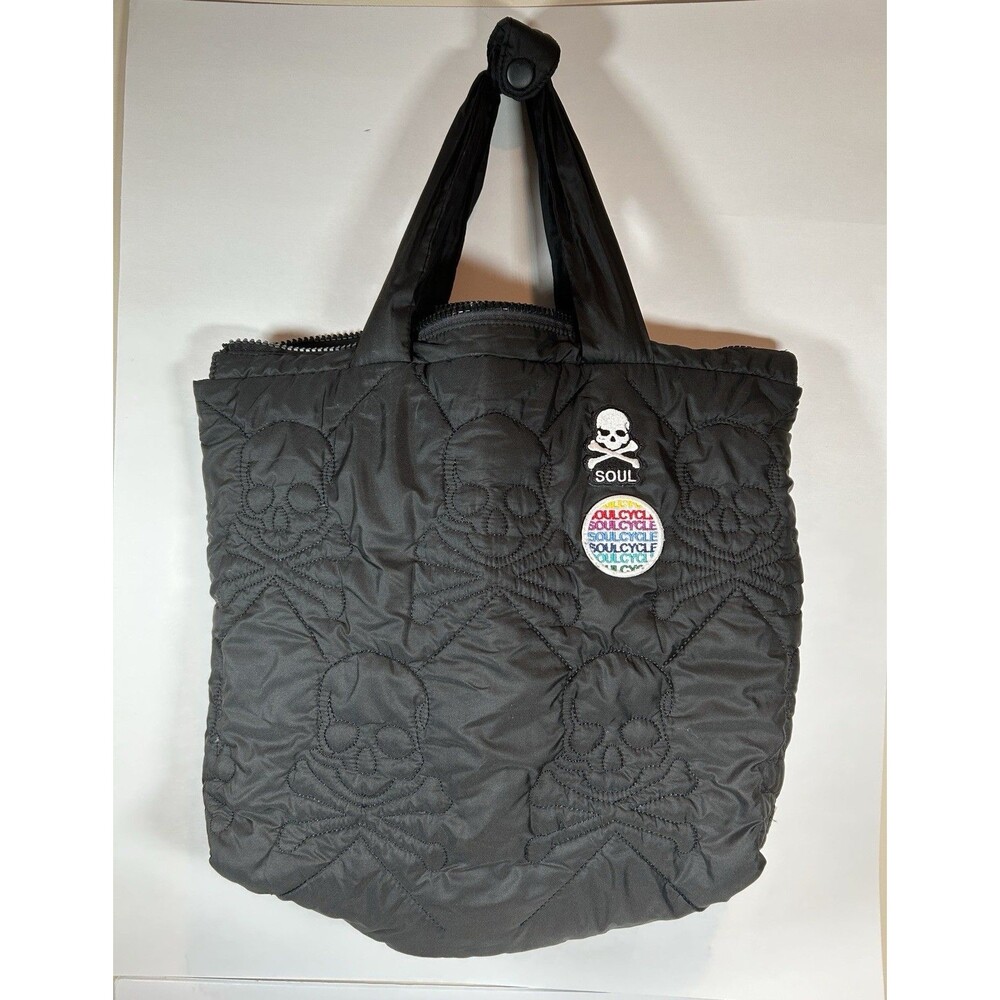 SOULCYCLE Black Quilted Zip Up Tote Bag w/ Skull & Crossbones Design- EUC
